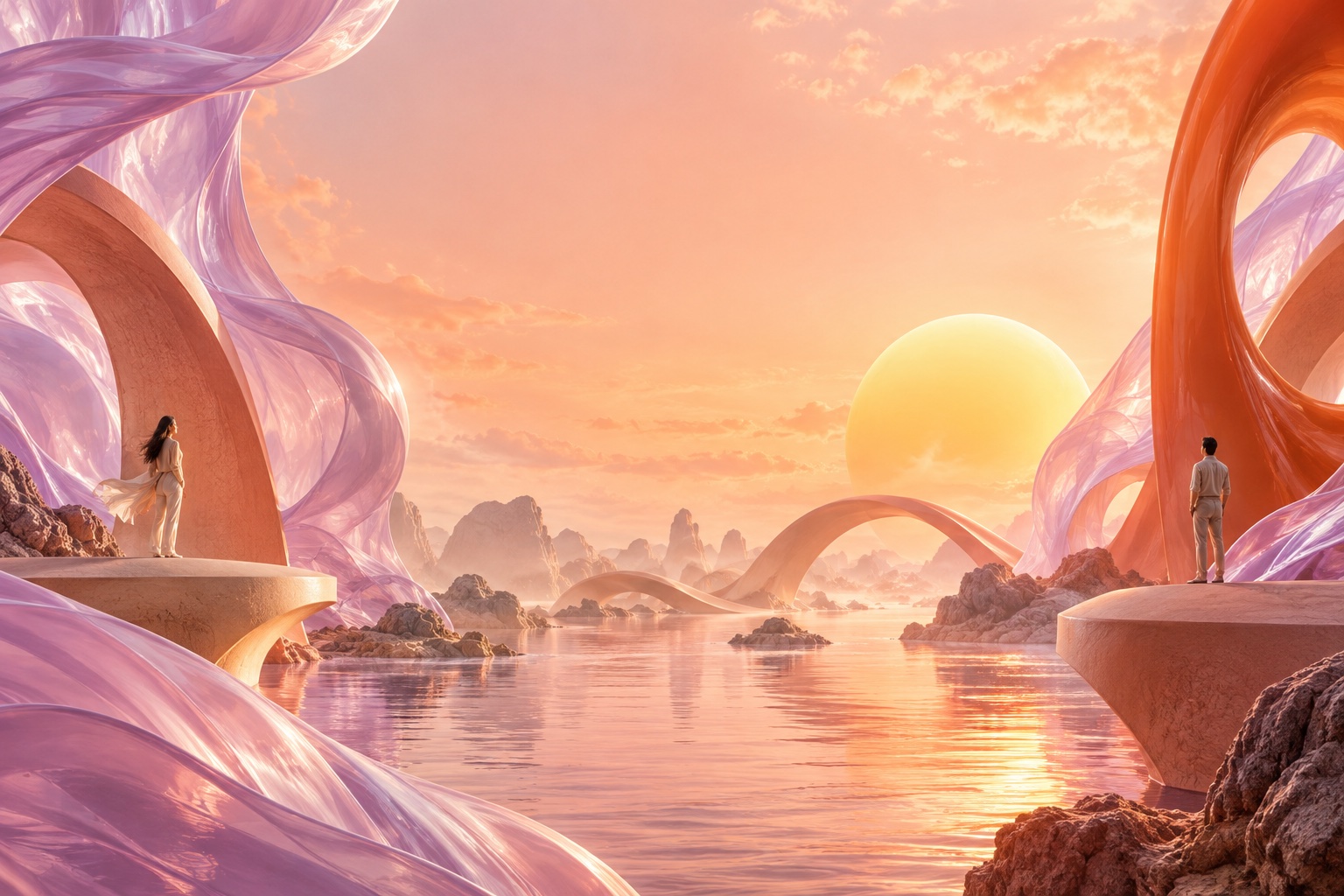 A luminous landscape of coral arches, translucent lavender ribbons and a golden sun above water